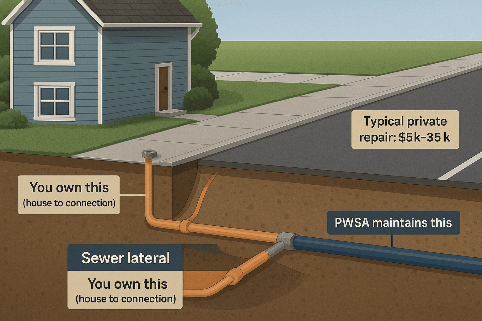 Diagram showing a home’s private sewer lateral to the street connection, highlighting homeowner vs. PWSA responsibility.