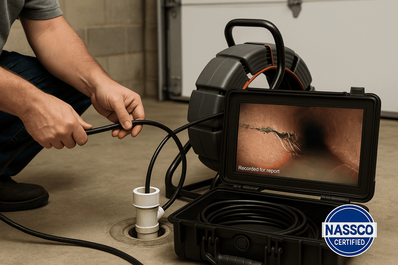 Technician performing a sewer camera inspection; monitor displays cracked clay pipe interior.
