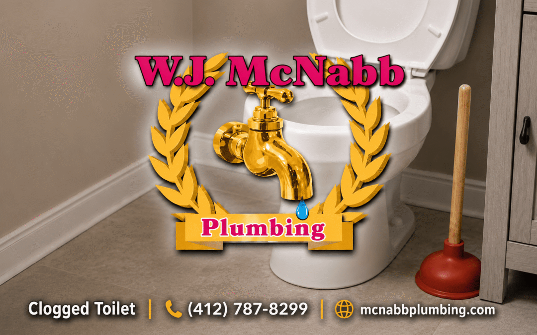 Bathroom scene featuring a white toilet with the lid open and a red plunger beside it, overlaid with the W.J. McNabb Plumbing logo and contact information, with “Clogged Toilet” displayed in the lower left corner.