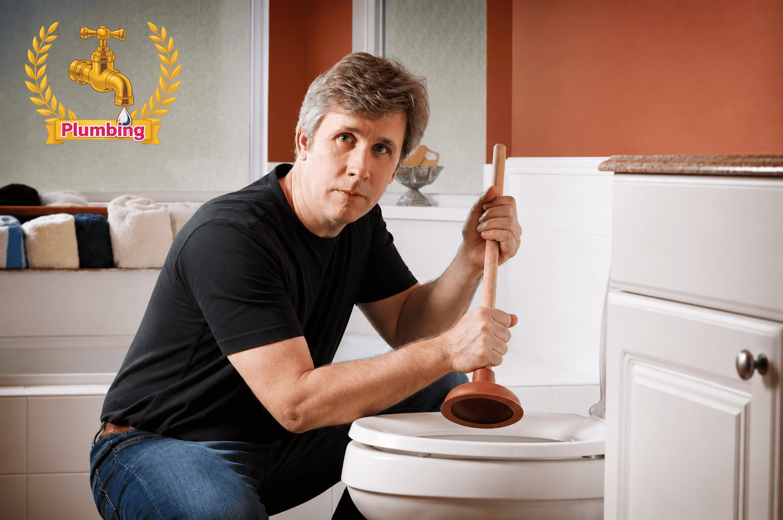 Man kneeling beside a bathroom toilet holding a red plunger, preparing to unclog the toilet