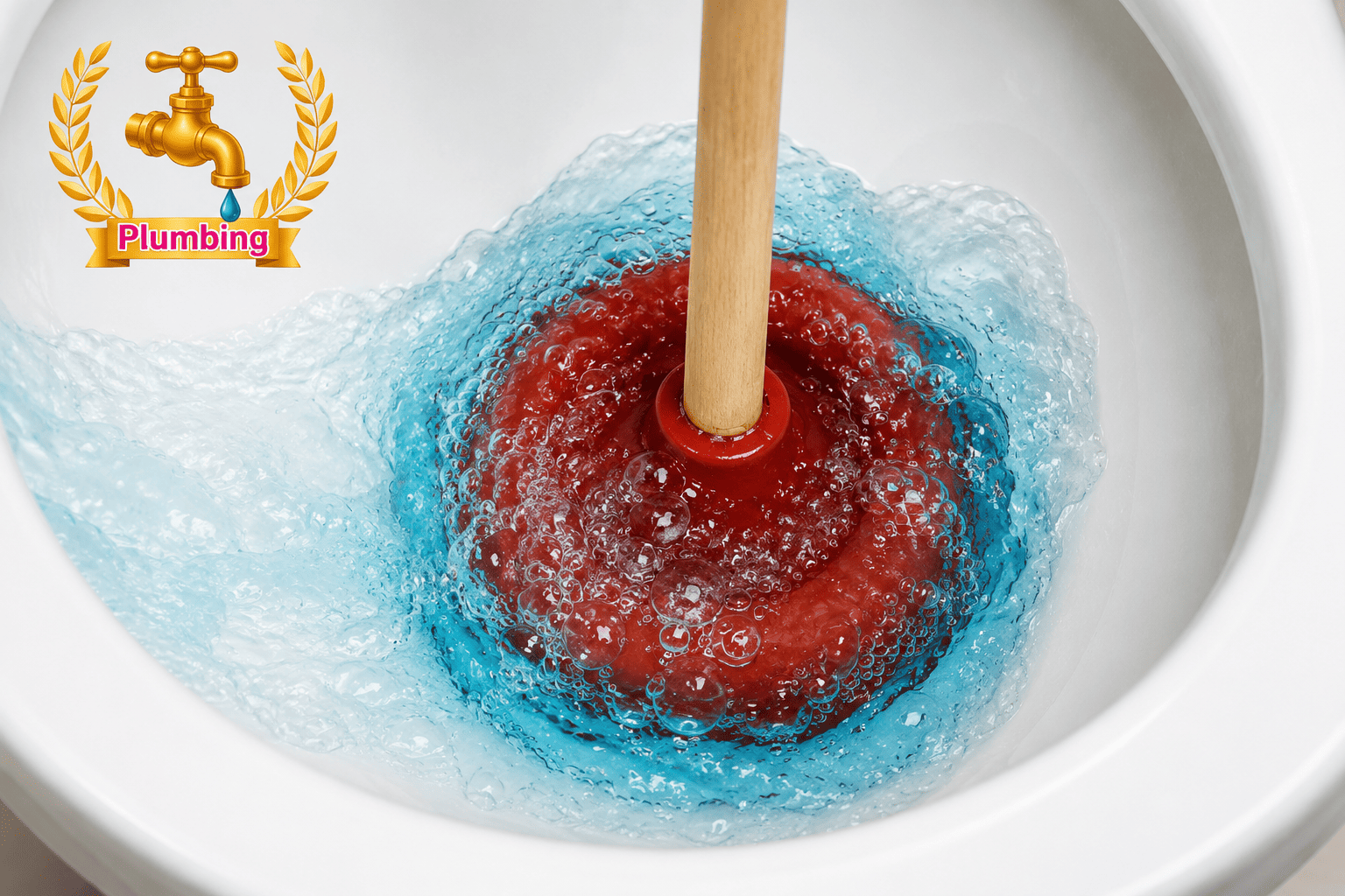 Close-up view of a red toilet plunger submerged in swirling blue water inside a white toilet bowl