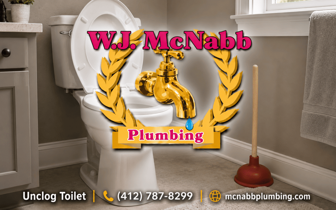 White bathroom toilet with a red plunger beside it, featuring the W.J. McNabb Plumbing logo and “Unclog Toilet” text in the lower left corner.