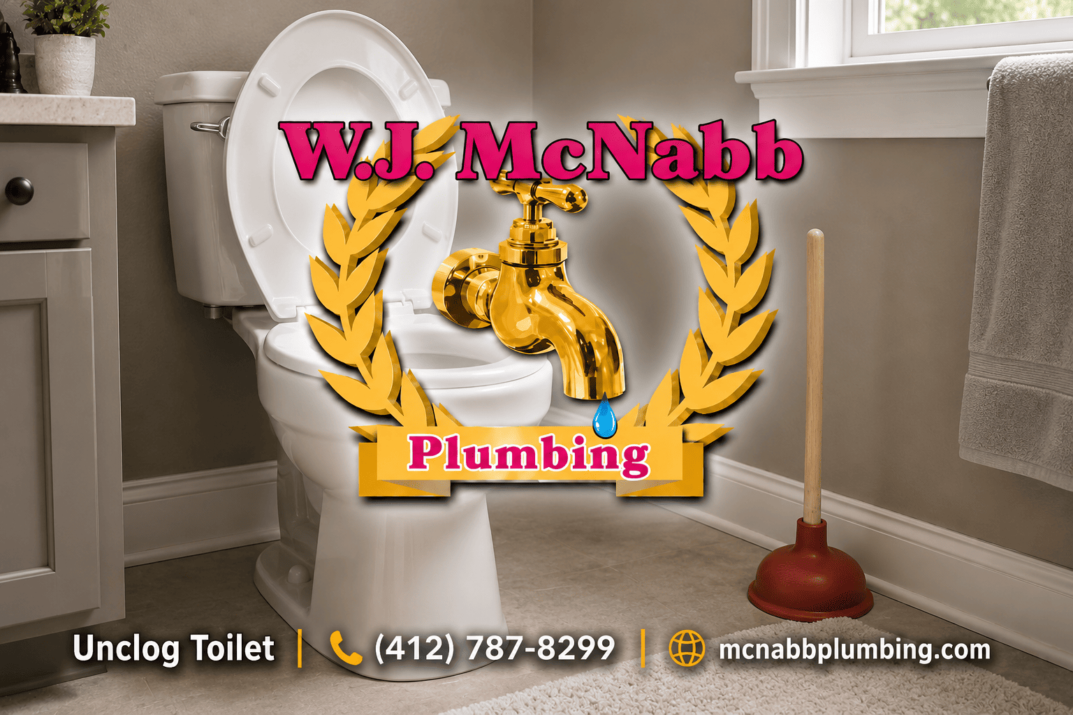 White bathroom toilet with a red plunger beside it, featuring the W.J. McNabb Plumbing logo and “Unclog Toilet” text in the lower left corner.