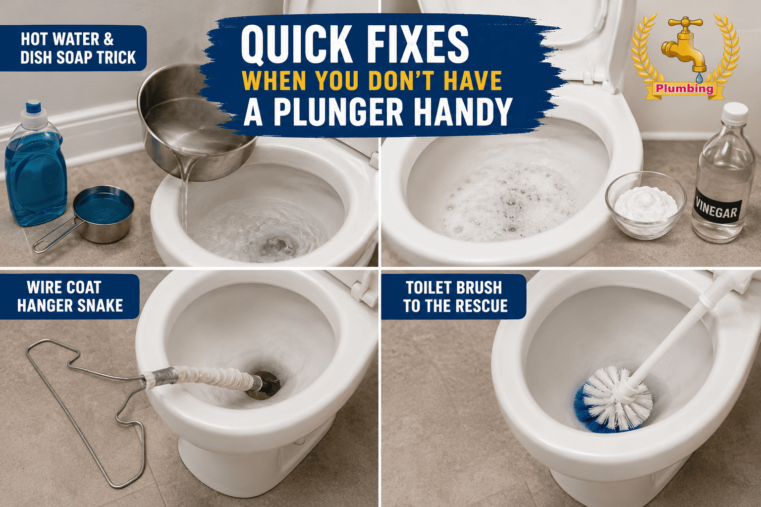 Infographic showing four DIY methods for unclogging a toilet without a plunger, including hot water and dish soap, baking soda and vinegar, a wire coat hanger, and a toilet brush, with the W.J. McNabb Plumbing logo in the upper right corner.