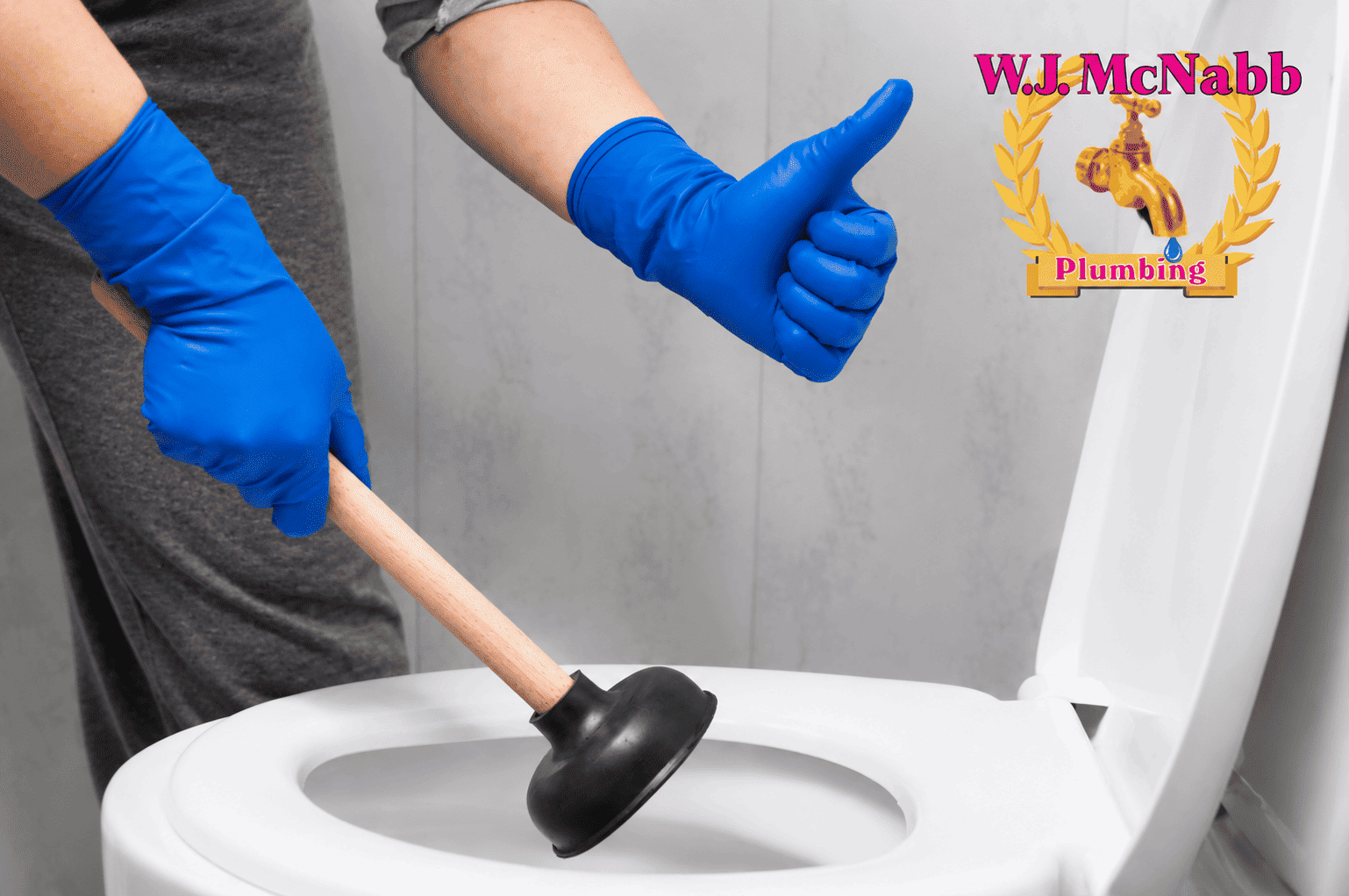 Person wearing blue gloves using a plunger to unclog a white toilet while giving a thumbs-up, with the W.J. McNabb Plumbing logo in the upper-right corner.