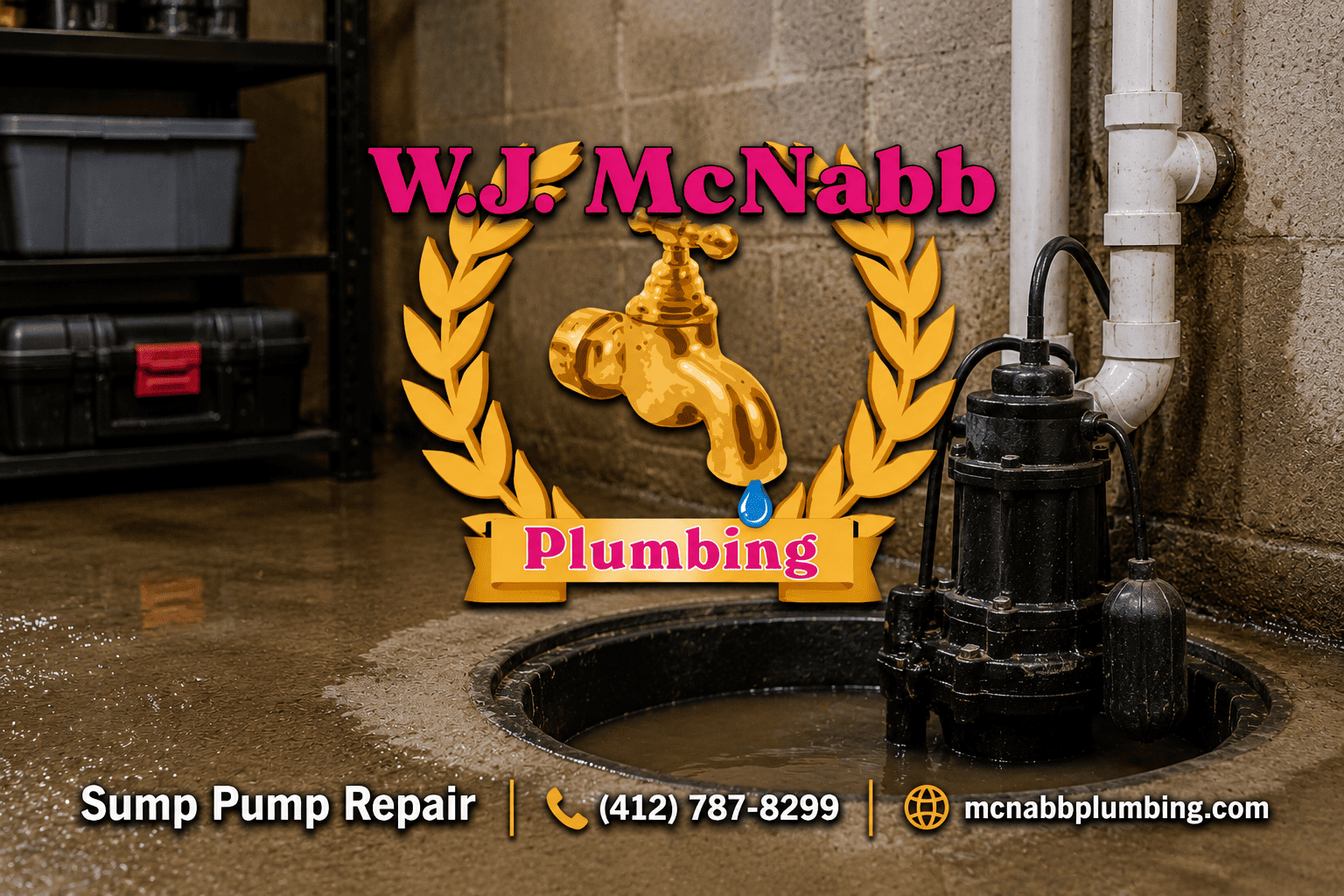 W.J. McNabb Plumbing promotional graphic showing a basement sump pump system with contact information and “Sump Pump Repair” service text.
