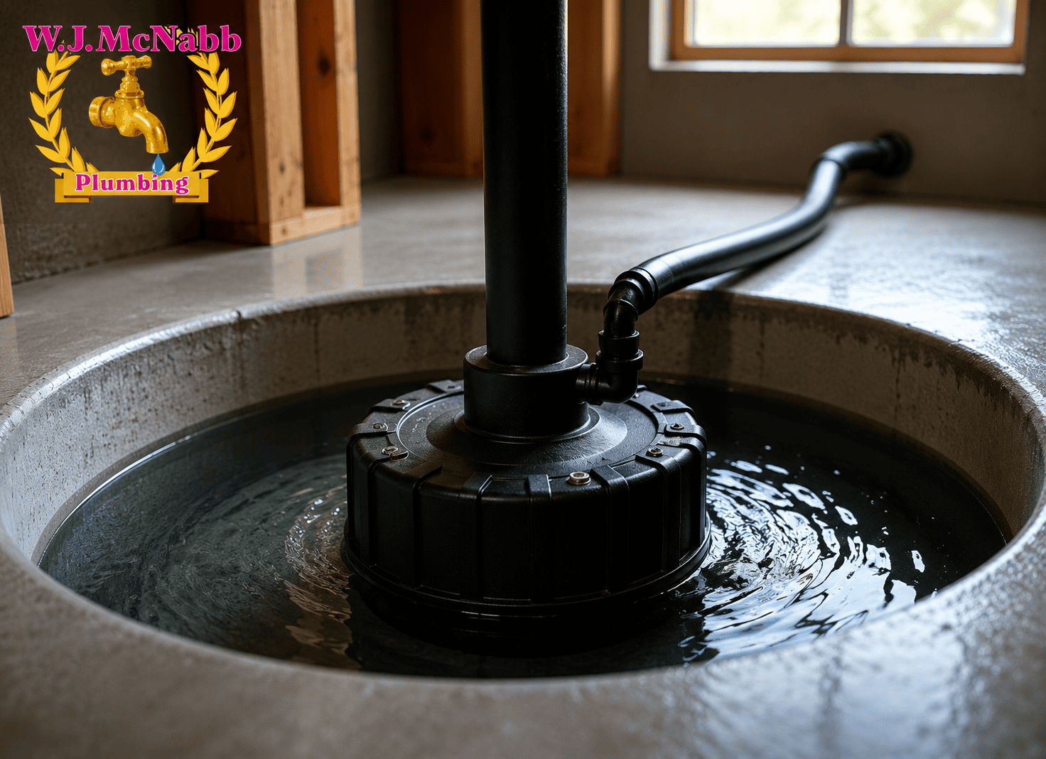 Sump pump installed in a basement pit, surrounded by water and connected to a discharge pipe, with the W.J. McNabb Plumbing logo in the upper-left corner.