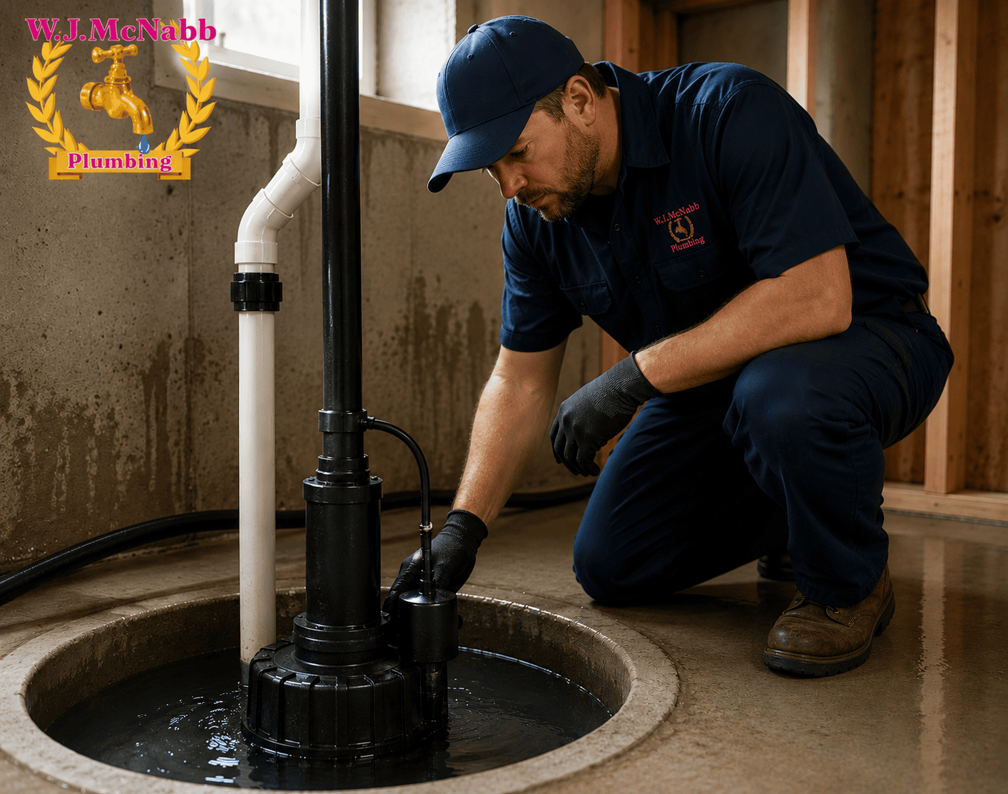 Plumber inspecting a sump pump inside a basement sump pit, with the W.J. McNabb Plumbing logo displayed in the upper-left corner.