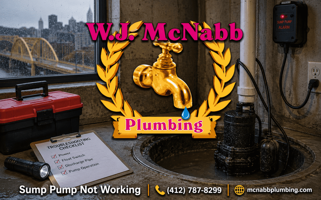 W.J. McNabb Plumbing promotional graphic showing a basement sump pump system with troubleshooting equipment and “Sump Pump Not Working” service information.