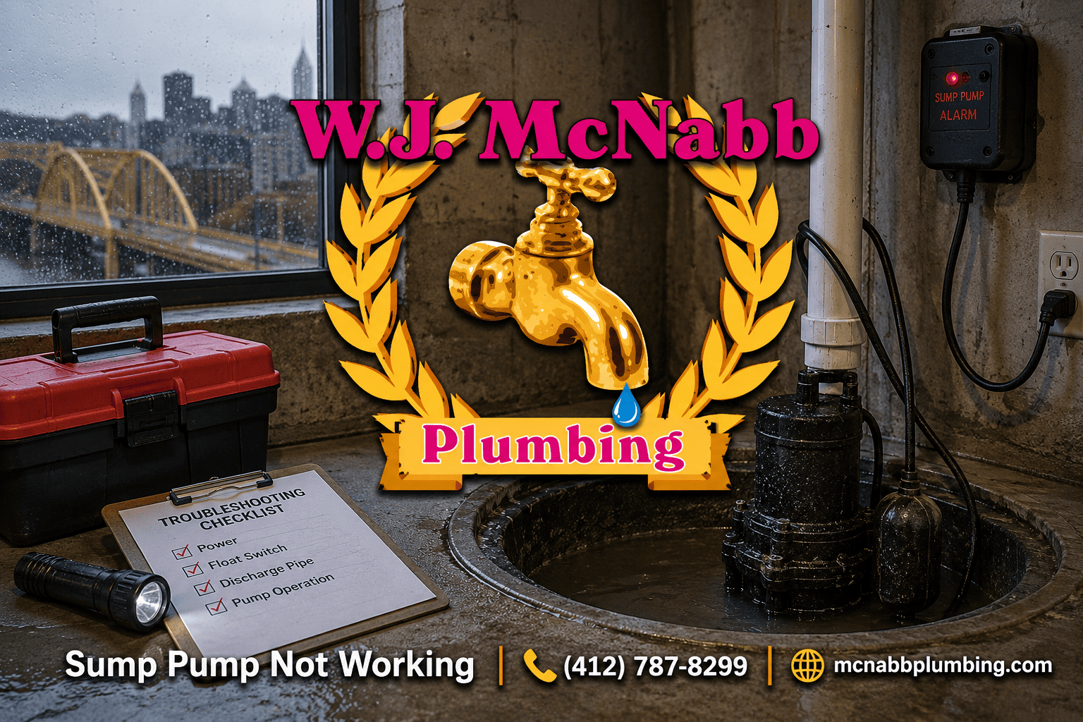 W.J. McNabb Plumbing promotional graphic showing a basement sump pump system with troubleshooting equipment and “Sump Pump Not Working” service information.