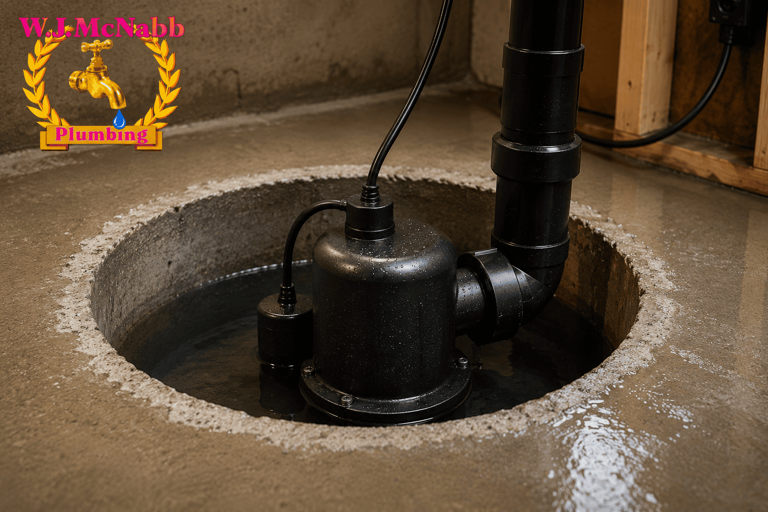 Sump pump installed in a basement pit with discharge piping, shown with the W.J. McNabb Plumbing logo in the upper-left corner.