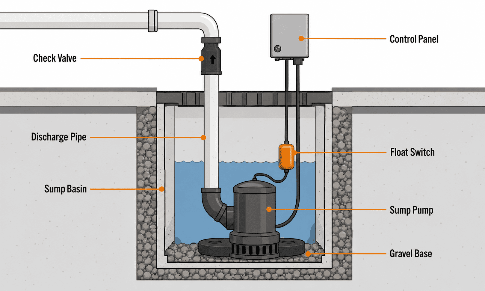 Diagram showing the main components of a sump pump system, including the sump basin, pump, float switch, discharge pipe, and check valve.