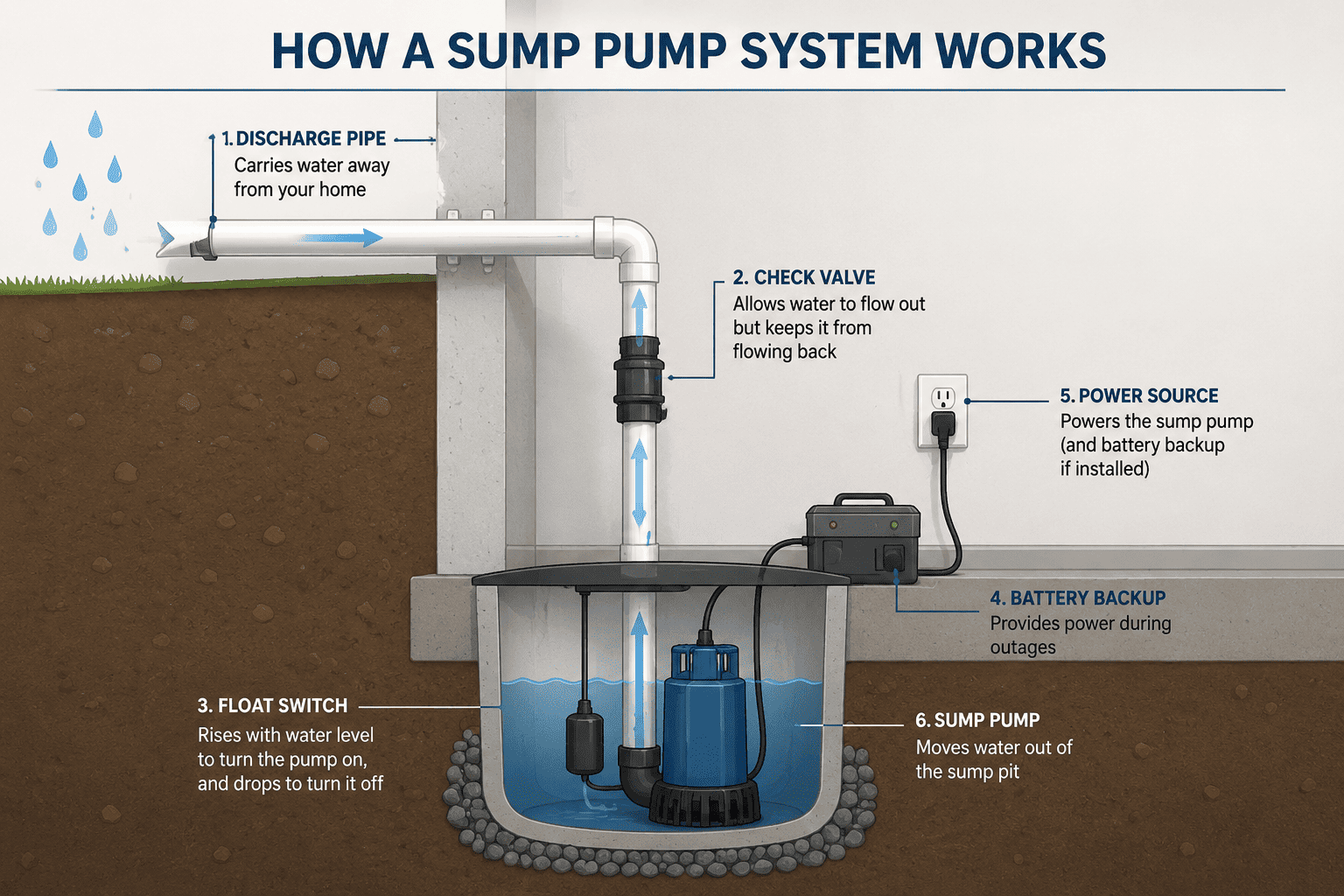 Diagram showing how groundwater enters a sump pit through drain tile systems and is pumped away through a discharge pipe to help protect a home's foundation from water intrusion.