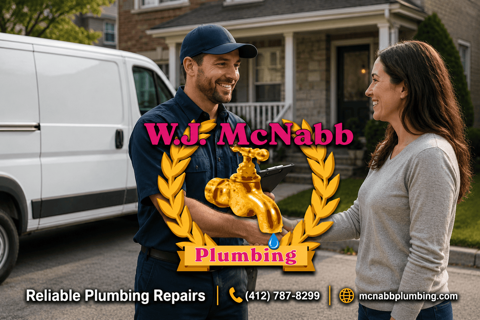 Plumber shaking hands with a homeowner outside a house, representing reliable plumbing repairs.